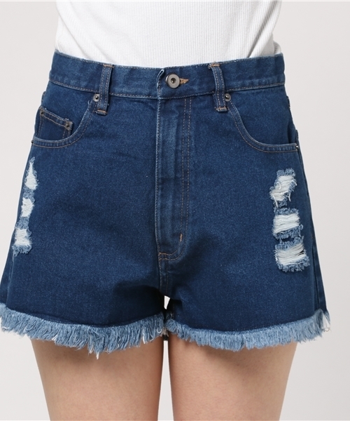 KOBE LETTUCE（コウベレタス）の「取り入れるだけでこなれ感UP！[XS/S/M]裾フリンジ☆ハイウエストダメージデニムショートパンツ/ボトムス/レディース[M1787]（デニムパンツ・レディース・オフホワイト/ブルー/ライトブルー・M/S/XS）」の5枚目の写真