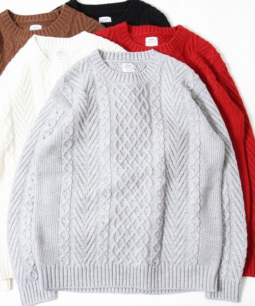 coen(コーエン)の「アランケーブルクルーネックニット(ブラウン⇒WEB限定カラー)(ニット/セーター・メンズ・オフホワイト/ブラック/グレー/ブラウン/レッド・X-LARGE/SMALL/MEDIUM/LARGE)」の3枚目の写真