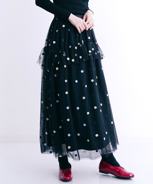 merlot plus（メルロープリュス）の「ドット柄フリルチュールスカート7131（スカート・レディース・A/B/C・FREE）」の2枚目の写真