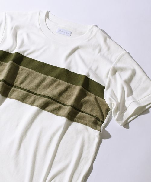 SHIPS JET BLUE（シップスジェットブルー）の「SHIPS JET BLUE: パッチワークボーダー Ｔシャツ2◇（Tシャツ/カットソー・メンズ・ホワイト/グリーン/ロイヤルブルー・SMALL/MEDIUM/X-SMALL/LARGE）」の2枚目の写真