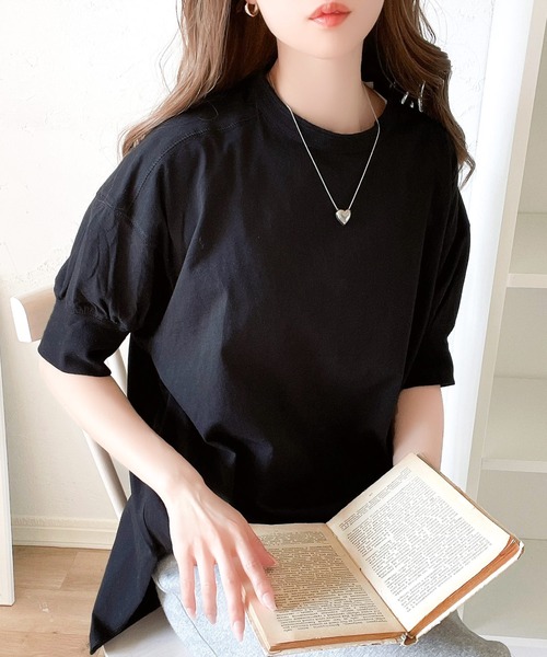 classicalelf（クラシカルエルフ）の「ゆるっと、大人カジュアル。綿100％半袖バックヘンリーチュニック（Tシャツ/カットソー・レディース・ホワイト/ブラック/ベージュ/ブラウン/グレイッシュベージュ/グレー系その他/ブルーパープル・MEDIUM/LARGE/X-LARGE/SMALL）」の10枚目の写真