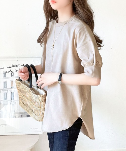 classicalelf（クラシカルエルフ）の「ゆるっと、大人カジュアル。綿100％半袖バックヘンリーチュニック（Tシャツ/カットソー・レディース・ホワイト/ブラック/ベージュ/ブラウン/グレイッシュベージュ/グレー系その他/ブルーパープル・MEDIUM/LARGE/X-LARGE/SMALL）」の15枚目の写真