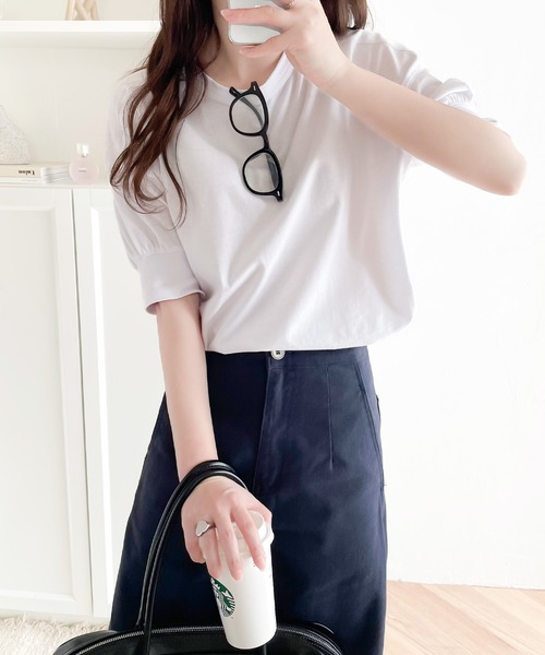 classicalelf（クラシカルエルフ）の「ゆるっと、大人カジュアル。綿100％半袖バックヘンリーチュニック（Tシャツ/カットソー・レディース・ホワイト/ブラック/ベージュ/ブラウン/グレイッシュベージュ/グレー系その他/ブルーパープル・MEDIUM/LARGE/X-LARGE/SMALL）」の22枚目の写真