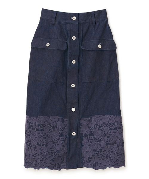 Supreme.La.La.(シュープリームララ)の「カットワークシシュウデニムスカート(スカート)」|インディゴブルー