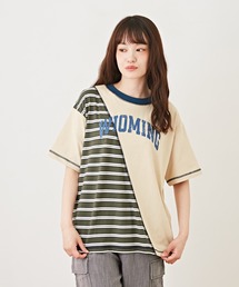 CUBE SUGAR（キューブシュガー）の「無地 × ボーダー 組合せ リメイク風Ｔシャツ（Tシャツ/カットソー）」