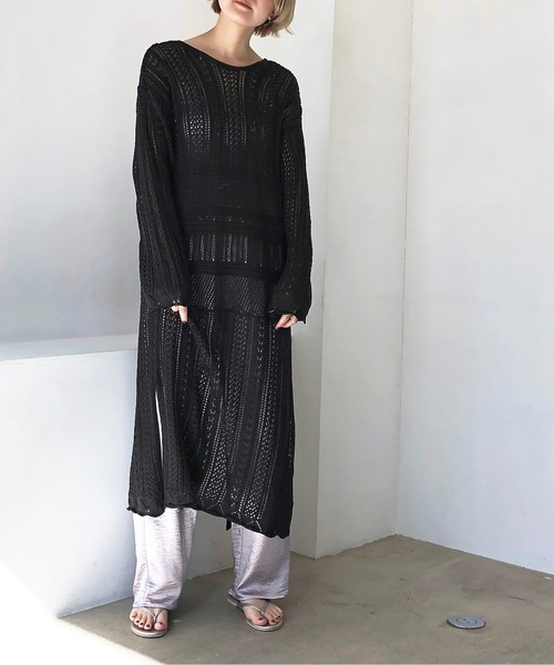 notch.(ノッチ)の「透かし編みニットワンピース(ワンピース・レディース・ブラック/オフホワイト/ライトベージュ・M)」の5枚目の写真