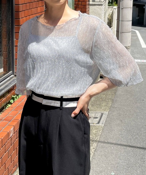 tiptop(ティップトップ)の「【2024SS新色登場】クリンクルシアー5分袖ブラウス×キャミセット(シャツ/ブラウス・レディース・ブラック/オフホワイト/ブルー/ライトグリーン/アイボリー/ホワイト系その他/A/B/グリーン/C/ブラック系その他/グレー系その他・FREE)」の1枚目の写真