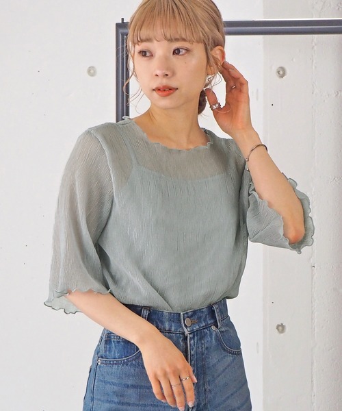 tiptop(ティップトップ)の「【2024SS新色登場】クリンクルシアー5分袖ブラウス×キャミセット(シャツ/ブラウス・レディース・ブラック/オフホワイト/ブルー/ライトグリーン/アイボリー/ホワイト系その他/A/B/グリーン/C/ブラック系その他/グレー系その他・FREE)」の8枚目の写真