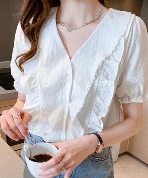 ABITOKYO（アビトーキョー）の「フロントフリルキャンディースリーブブラウス（シャツ/ブラウス・レディース・ホワイト/ライトブルー・M/L）」の11枚目の写真