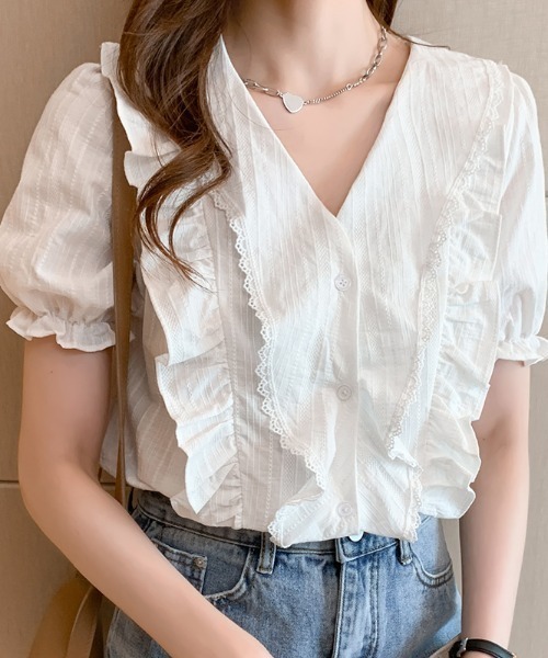ABITOKYO（アビトーキョー）の「フロントフリルキャンディースリーブブラウス（シャツ/ブラウス・レディース・ホワイト/ライトブルー・M/L）」の5枚目の写真