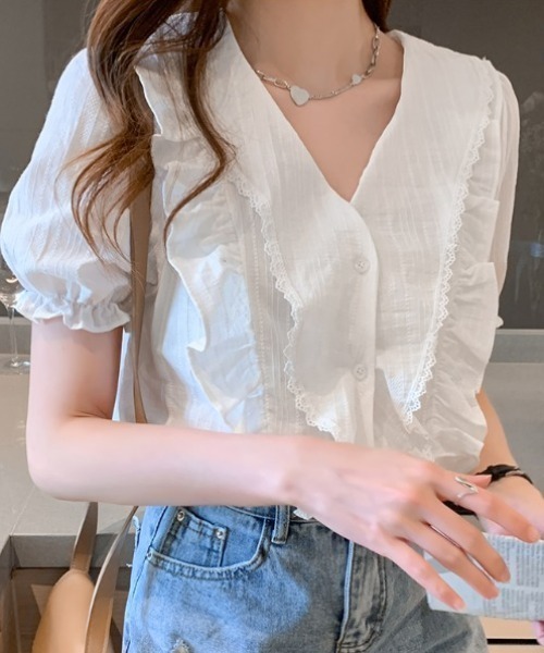 ABITOKYO（アビトーキョー）の「フロントフリルキャンディースリーブブラウス（シャツ/ブラウス・レディース・ホワイト/ライトブルー・M/L）」の10枚目の写真