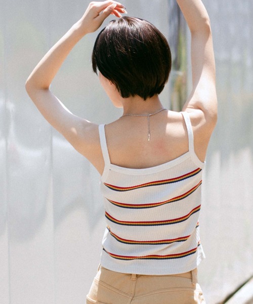 X-girl（エックスガール）の「MULTI STRIPE CAMISOLE（キャミソール・レディース・ホワイト/ライトグリーン/ブラック・M/S）」の7枚目の写真