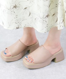 Liberty doll / スクエアトゥ 厚底スライドサンダル 超軽量 バルキーソール ミュールサンダル 美脚サンダル (4129)