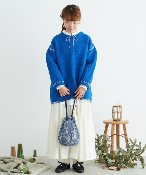 chambre de charme(シャンブルドゥシャーム)の「cdc ウール/ナイロン ブランケットステッチ プルオーバー(ニット/セーター・レディース・ブルー/ホワイト/レッド・FREE)」の18枚目の写真