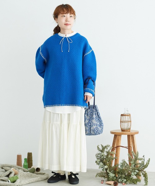 chambre de charme(シャンブルドゥシャーム)の「cdc ウール/ナイロン ブランケットステッチ プルオーバー(ニット/セーター・レディース・ブルー/ホワイト/レッド・FREE)」の12枚目の写真