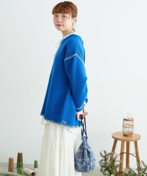 chambre de charme(シャンブルドゥシャーム)の「cdc ウール/ナイロン ブランケットステッチ プルオーバー(ニット/セーター・レディース・ブルー/ホワイト/レッド・FREE)」の15枚目の写真