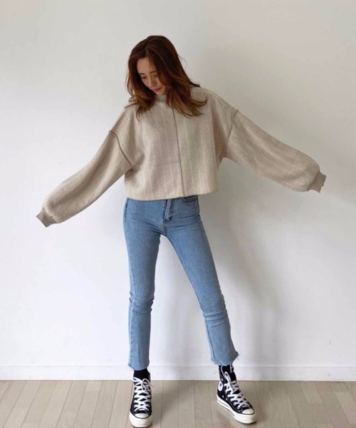 M y u（ミュー）の「【ZOZO限定アイテム】ヘリンボーン柄ジャガード短丈ニット（ニット/セーター・レディース・ベージュ/ブラック・FREE）」の13枚目の写真