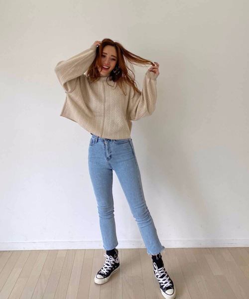 M y u（ミュー）の「【ZOZO限定アイテム】ヘリンボーン柄ジャガード短丈ニット（ニット/セーター・レディース・ベージュ/ブラック・FREE）」の20枚目の写真