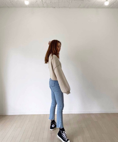 M y u（ミュー）の「【ZOZO限定アイテム】ヘリンボーン柄ジャガード短丈ニット（ニット/セーター・レディース・ベージュ/ブラック・FREE）」の7枚目の写真