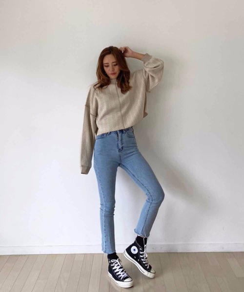 M y u（ミュー）の「【ZOZO限定アイテム】ヘリンボーン柄ジャガード短丈ニット（ニット/セーター・レディース・ベージュ/ブラック・FREE）」の14枚目の写真