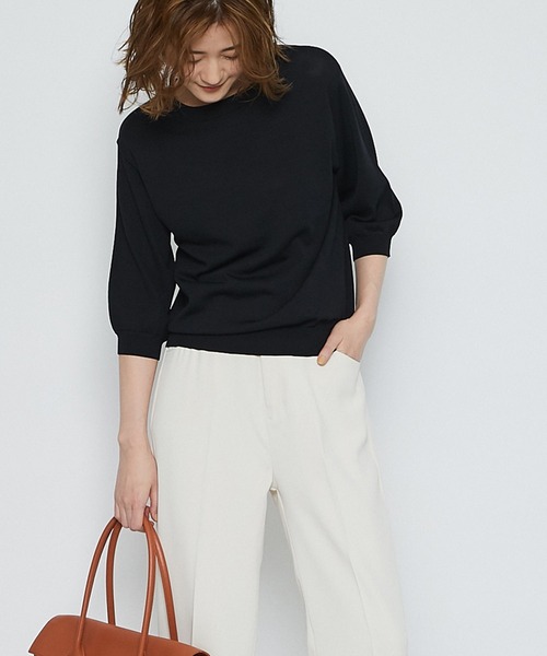 un dix cors(アンディコール)の「これ一枚で決まる 5分袖ニットプルオーバー(ニット/セーター・レディース・ホワイト/ブラック/チャコールグレー/グリーン/イエロー/ピンク・FREE)」の3枚目の写真