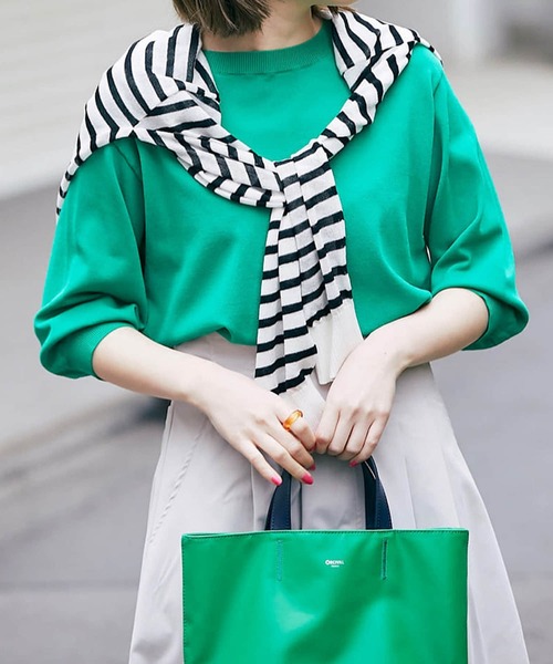 un dix cors(アンディコール)の「これ一枚で決まる 5分袖ニットプルオーバー(ニット/セーター・レディース・ホワイト/ブラック/チャコールグレー/グリーン/イエロー/ピンク・FREE)」の4枚目の写真