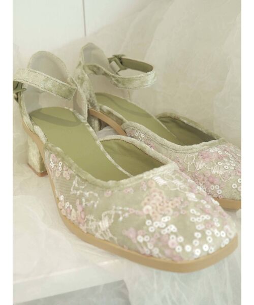 merry jenny（メリージェニー）の「スパンコールベロアミュール（パンプス・レディース・カーキ/ライトグリーン・MEDIUM/LARGE）」の7枚目の写真