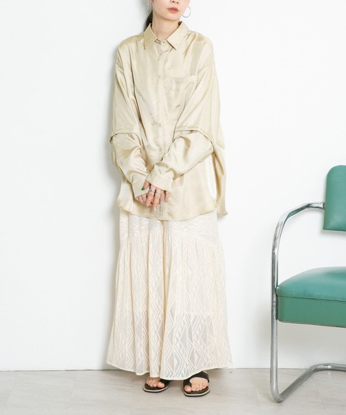 KBF（ケイビーエフ）の「ワッシャーサテン2WAY BIGシャツ（シャツ/ブラウス・レディース・グリーン/ブラウン系その他/ライトベージュ・ONE）」の10枚目の写真