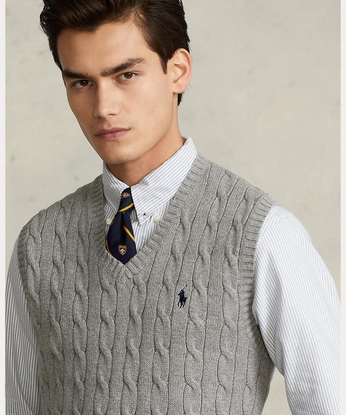 新品✨ ラルフローレン コットンケーブルＶネックベスト グレー ケーブルニット コットン セーター ベスト（ベスト）｜POLO RALPH