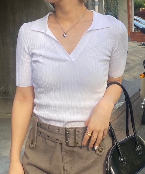 SHAGGIE(シャギー)の「Vネックリブニット半袖ポロシャツ(Tシャツ/カットソー・レディース・オレンジ/ホワイト/ブラウン/グリーン/ブラック/ネイビー/カーキ・FREE)」の1枚目の写真