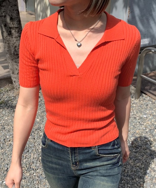 SHAGGIE(シャギー)の「Vネックリブニット半袖ポロシャツ(Tシャツ/カットソー・レディース・オレンジ/ホワイト/ブラウン/グリーン/ブラック/ネイビー/カーキ・FREE)」の7枚目の写真