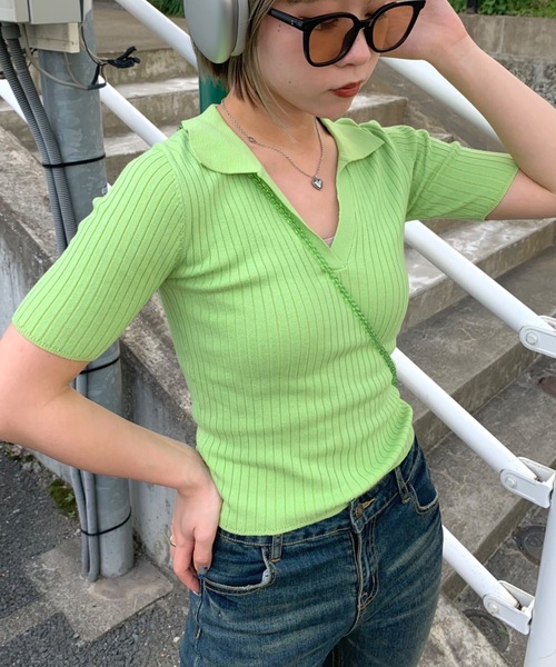 SHAGGIE(シャギー)の「Vネックリブニット半袖ポロシャツ(Tシャツ/カットソー・レディース・オレンジ/ホワイト/ブラウン/グリーン/ブラック/ネイビー/カーキ・FREE)」の5枚目の写真