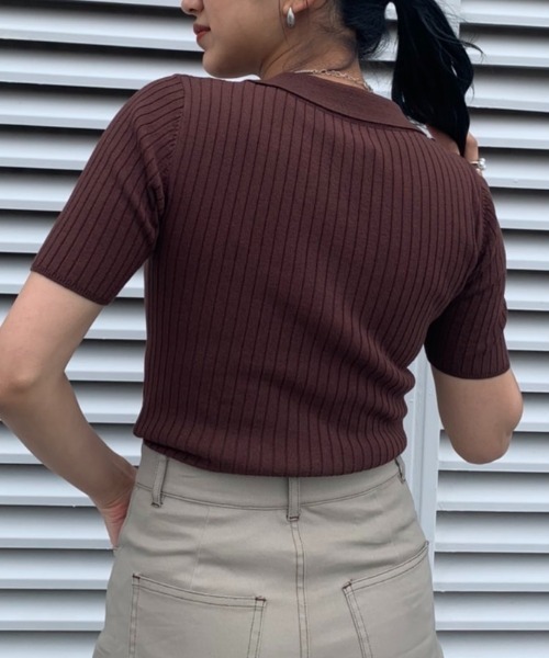 SHAGGIE(シャギー)の「Vネックリブニット半袖ポロシャツ(Tシャツ/カットソー・レディース・オレンジ/ホワイト/ブラウン/グリーン/ブラック/ネイビー/カーキ・FREE)」の21枚目の写真