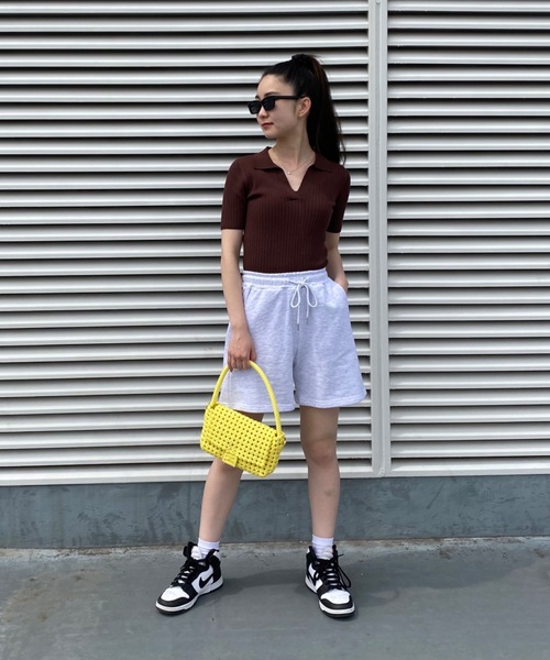 SHAGGIE(シャギー)の「Vネックリブニット半袖ポロシャツ(Tシャツ/カットソー・レディース・オレンジ/ホワイト/ブラウン/グリーン/ブラック/ネイビー/カーキ・FREE)」の14枚目の写真