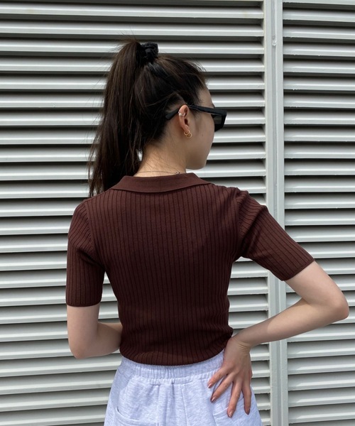 SHAGGIE(シャギー)の「Vネックリブニット半袖ポロシャツ(Tシャツ/カットソー・レディース・オレンジ/ホワイト/ブラウン/グリーン/ブラック/ネイビー/カーキ・FREE)」の19枚目の写真