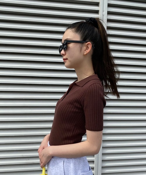 SHAGGIE(シャギー)の「Vネックリブニット半袖ポロシャツ(Tシャツ/カットソー・レディース・オレンジ/ホワイト/ブラウン/グリーン/ブラック/ネイビー/カーキ・FREE)」の18枚目の写真