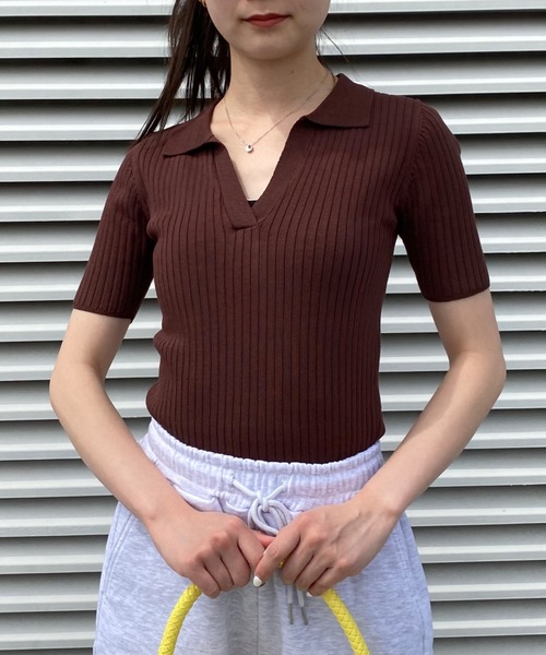 SHAGGIE(シャギー)の「Vネックリブニット半袖ポロシャツ(Tシャツ/カットソー・レディース・オレンジ/ホワイト/ブラウン/グリーン/ブラック/ネイビー/カーキ・FREE)」の17枚目の写真