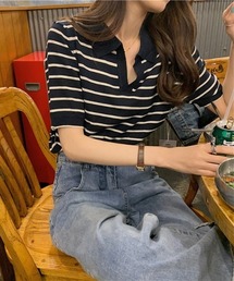 ボーダー半袖襟付きニット