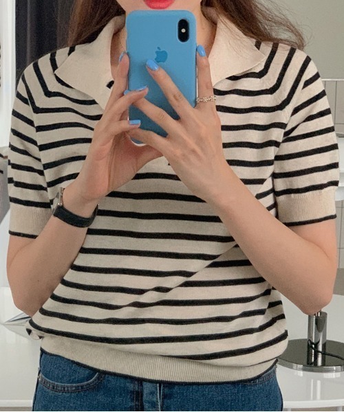 by muni:r（バイ ムニール）の「ボーダー半袖襟付きニット（ニット/セーター・レディース・ネイビー/アイボリー/ブラック・FREE）」の6枚目の写真