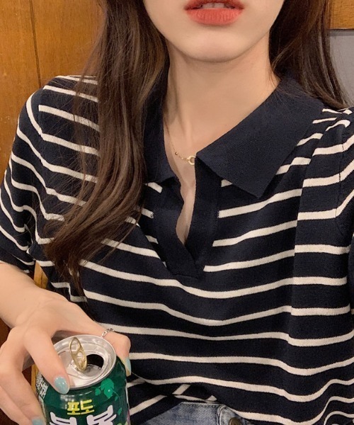 by muni:r（バイ ムニール）の「ボーダー半袖襟付きニット（ニット/セーター・レディース・ネイビー/アイボリー/ブラック・FREE）」の7枚目の写真