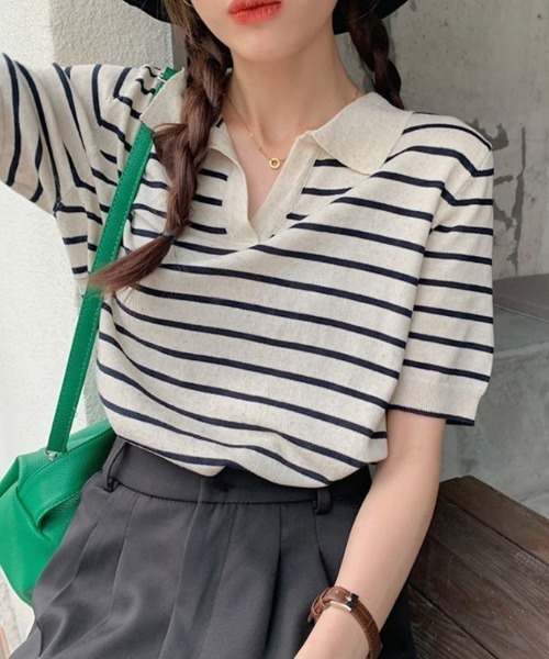 by muni:r（バイ ムニール）の「ボーダー半袖襟付きニット（ニット/セーター・レディース・ネイビー/アイボリー/ブラック・FREE）」の16枚目の写真