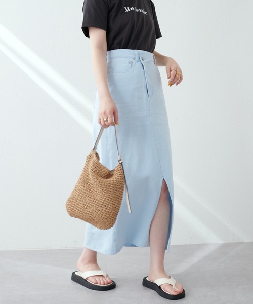 natural couture(ナチュラルクチュール)の「アシメあきフロントスリットナロースカート(スカート・レディース・アイボリー/ピンク/サックスブルー/ブラック/インディゴブルー・FREE)」の4枚目の写真