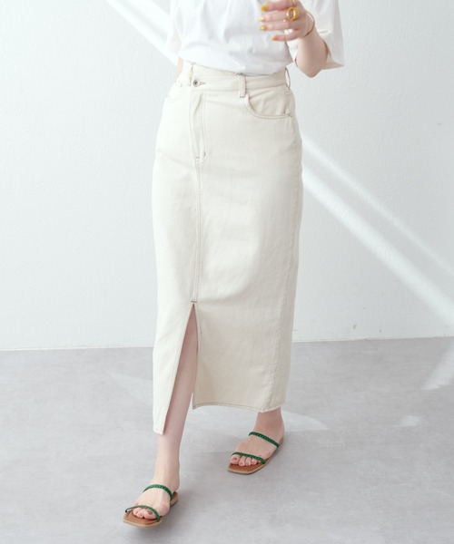 natural couture(ナチュラルクチュール)の「アシメあきフロントスリットナロースカート(スカート・レディース・アイボリー/ピンク/サックスブルー/ブラック/インディゴブルー・FREE)」の2枚目の写真