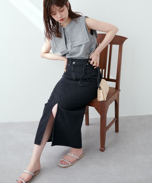 natural couture(ナチュラルクチュール)の「アシメあきフロントスリットナロースカート(スカート・レディース・アイボリー/ピンク/サックスブルー/ブラック/インディゴブルー・FREE)」の3枚目の写真