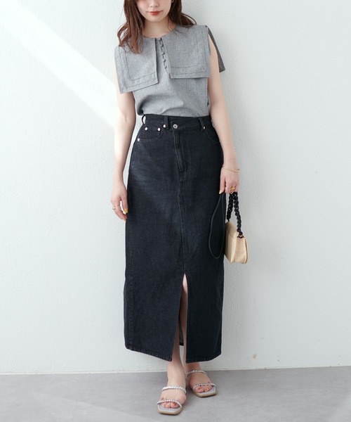 natural couture(ナチュラルクチュール)の「アシメあきフロントスリットナロースカート(スカート・レディース・アイボリー/ピンク/サックスブルー/ブラック/インディゴブルー・FREE)」の13枚目の写真