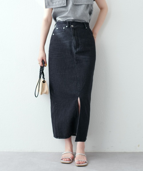 natural couture(ナチュラルクチュール)の「アシメあきフロントスリットナロースカート(スカート・レディース・アイボリー/ピンク/サックスブルー/ブラック/インディゴブルー・FREE)」の12枚目の写真