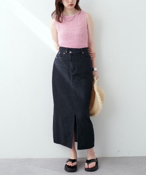 natural couture(ナチュラルクチュール)の「アシメあきフロントスリットナロースカート(スカート・レディース・アイボリー/ピンク/サックスブルー/ブラック/インディゴブルー・FREE)」の14枚目の写真