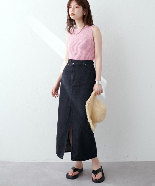 natural couture(ナチュラルクチュール)の「アシメあきフロントスリットナロースカート(スカート・レディース・アイボリー/ピンク/サックスブルー/ブラック/インディゴブルー・FREE)」の15枚目の写真