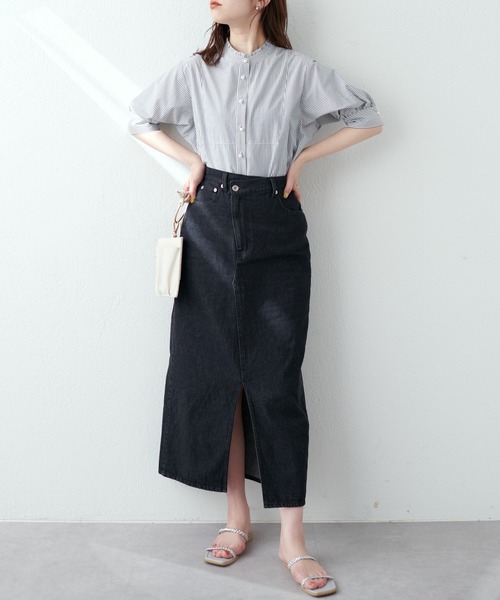 natural couture(ナチュラルクチュール)の「アシメあきフロントスリットナロースカート(スカート・レディース・アイボリー/ピンク/サックスブルー/ブラック/インディゴブルー・FREE)」の16枚目の写真