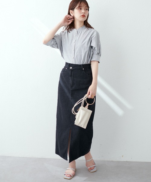 natural couture(ナチュラルクチュール)の「アシメあきフロントスリットナロースカート(スカート・レディース・アイボリー/ピンク/サックスブルー/ブラック/インディゴブルー・FREE)」の17枚目の写真